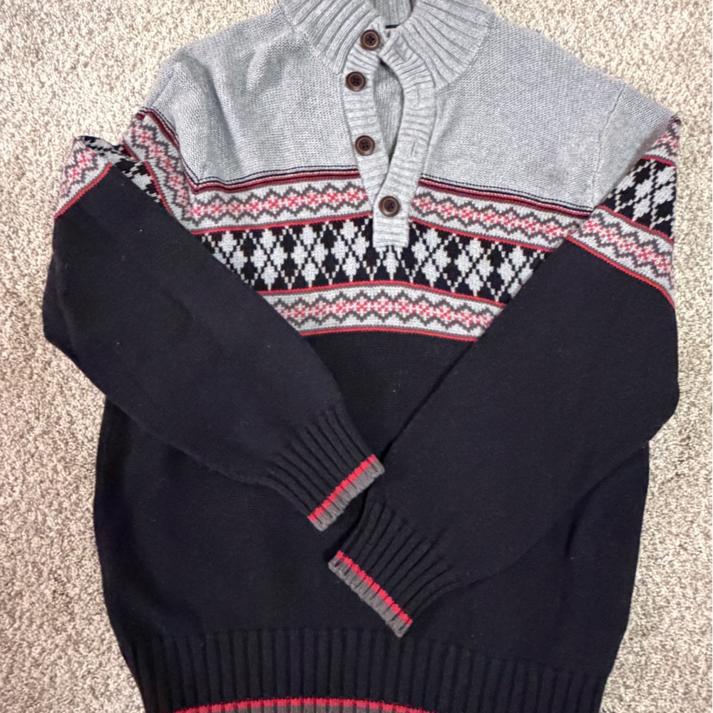 Men's Black & Gray Fair Isle Zip-Button Sweater with Red Trim